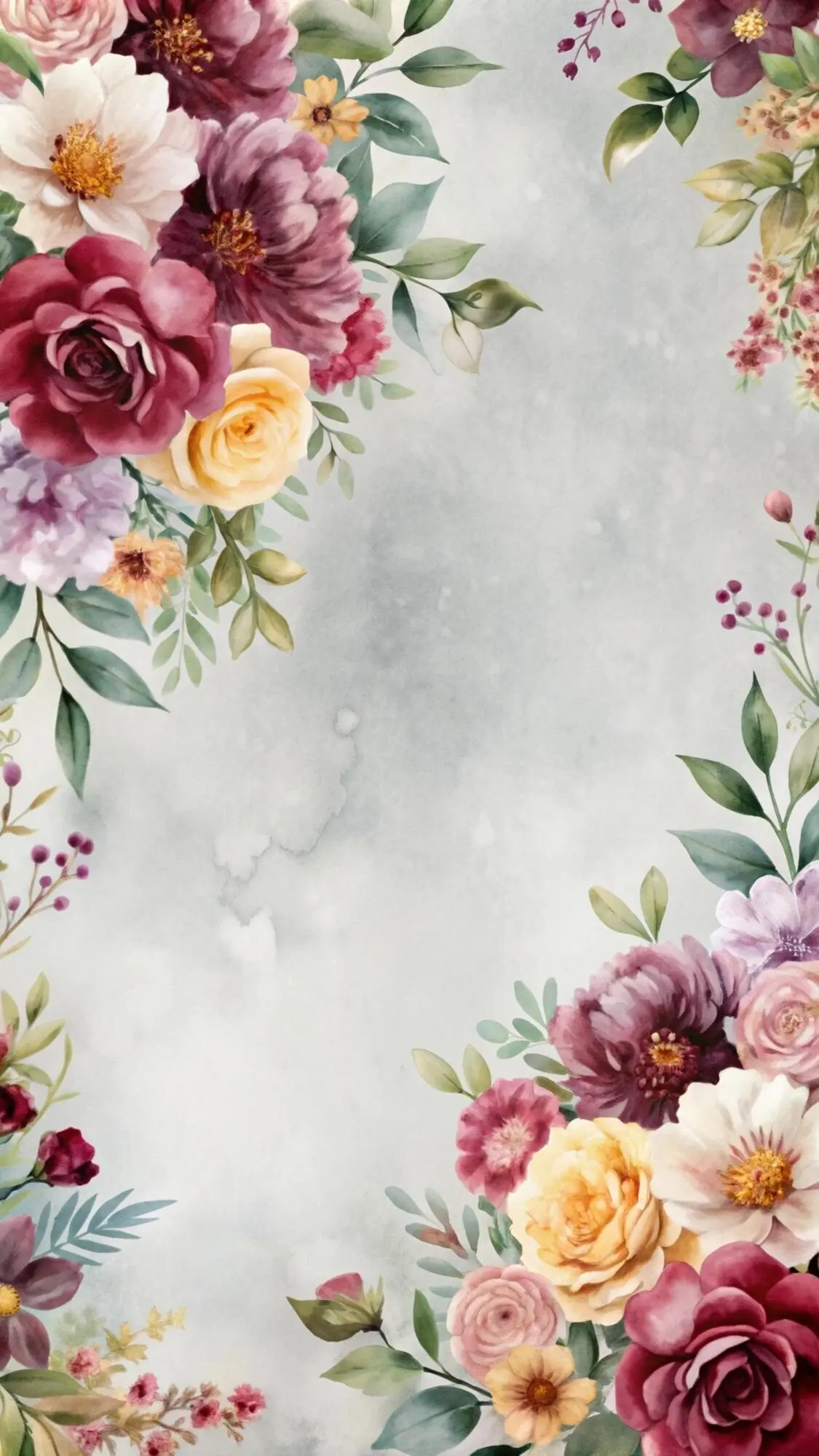 Aquarell-Blumenrahmen mit rosa, weißen und gelben Blumen auf grauem Hintergrund